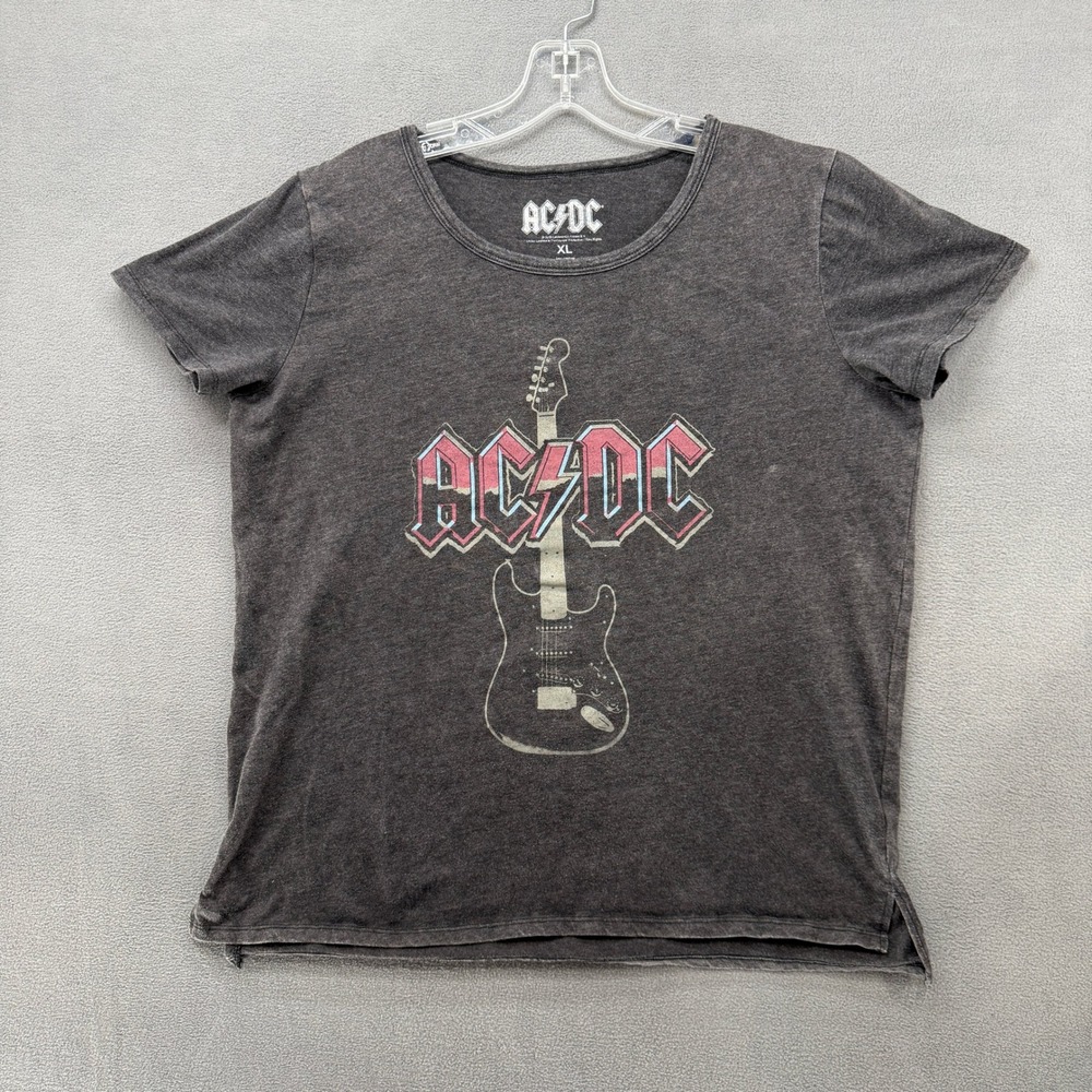 AC/DC Graphic T-Shirt Womens XL Charcoal Gray Electric Guitar Rock Band Tee Slit